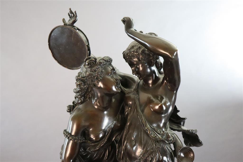 After Claude Michel Clodion (French 1738-1814). A bronze group of two Bacchantes and a putto, total height 6ft 2.5in.